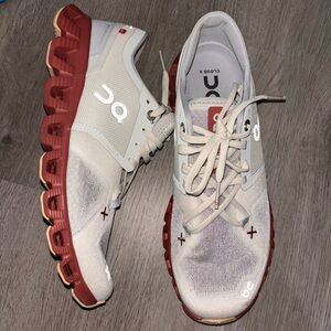 On Running Athletic Shoes Red and Gray Mesh Design